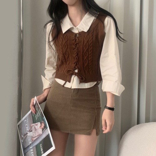 韩国ins气质短款长袖衬衫+绑带麻花修身背心毛衣套装
