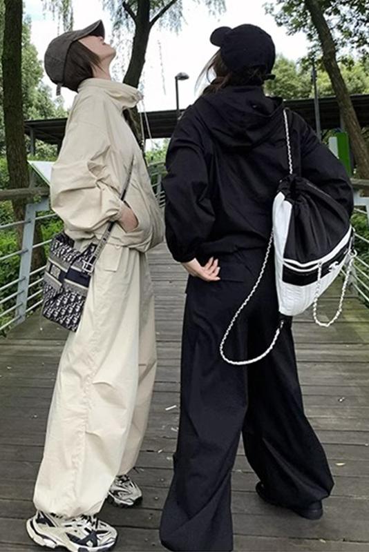 春秋季美式復古衝鋒衣套裝女降落傘工裝褲運動外套女