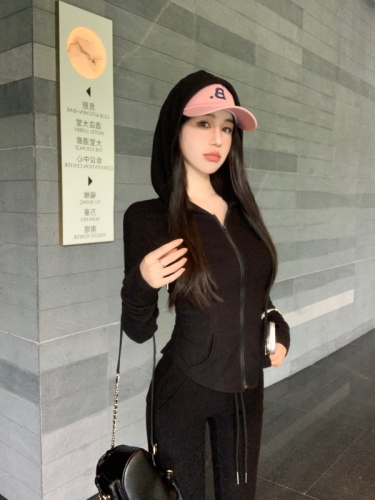 Casual sports suit autumn hooded sweatshirt floor-length micro-flared pants two-piece set