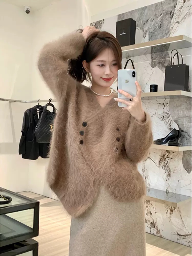 四公分水貂毛##v領不規則毛衣開衫女秋冬高級感寬鬆慵懶風毛絨絨