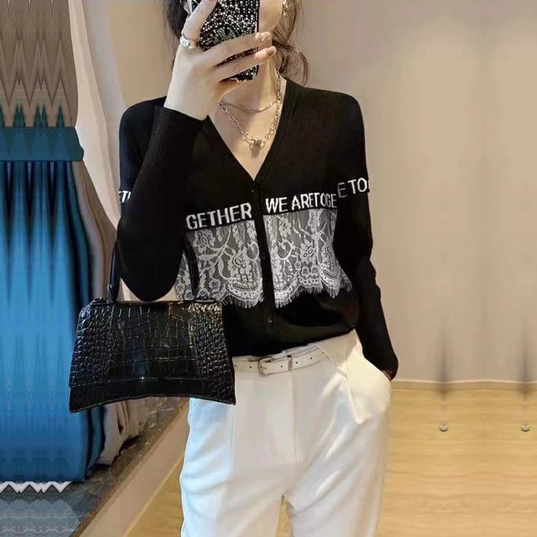 歐貨時尚字母印花V領開衫上衣女新款洋氣顯瘦百搭長袖黑色針織衫