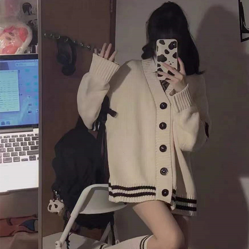 溫柔風開衫軟糯毛衣女秋冬新款學院風百搭針織衫寬鬆外穿V領上衣