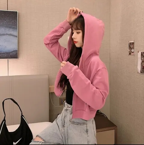 2023 New Korean Style Short Sweatshirt Women's Zipper Cardigan Jacket Solid Color Hooded Long Sleeve Student Top