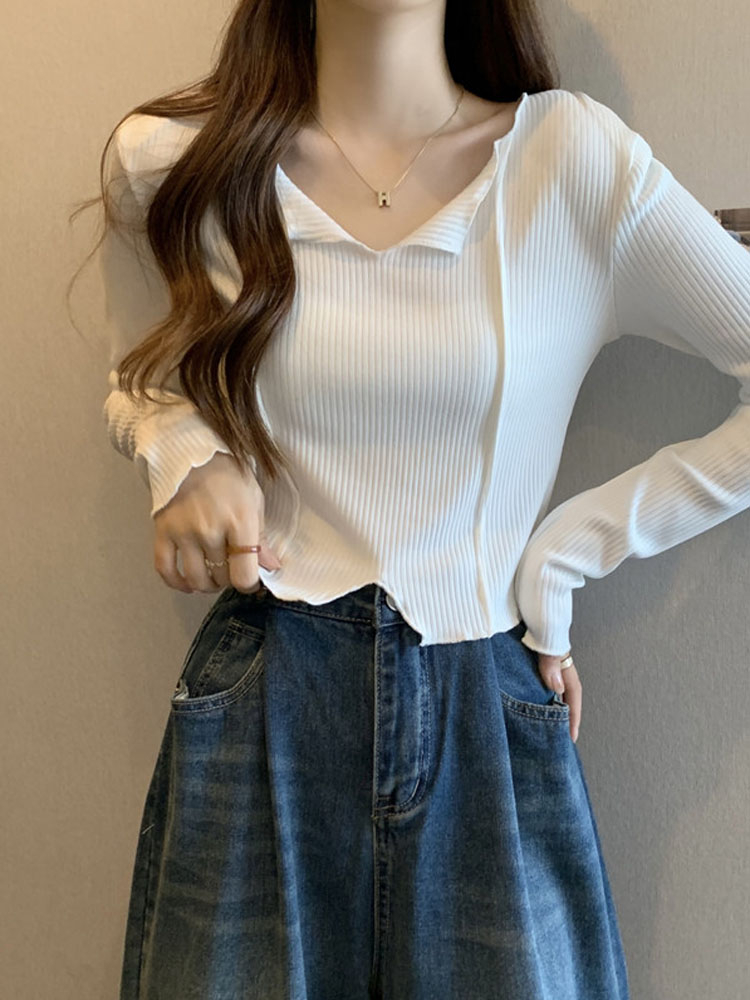 法式鎖骨V領內搭長袖t恤女秋裝設計感洋氣獨特别致小個子短款上衣