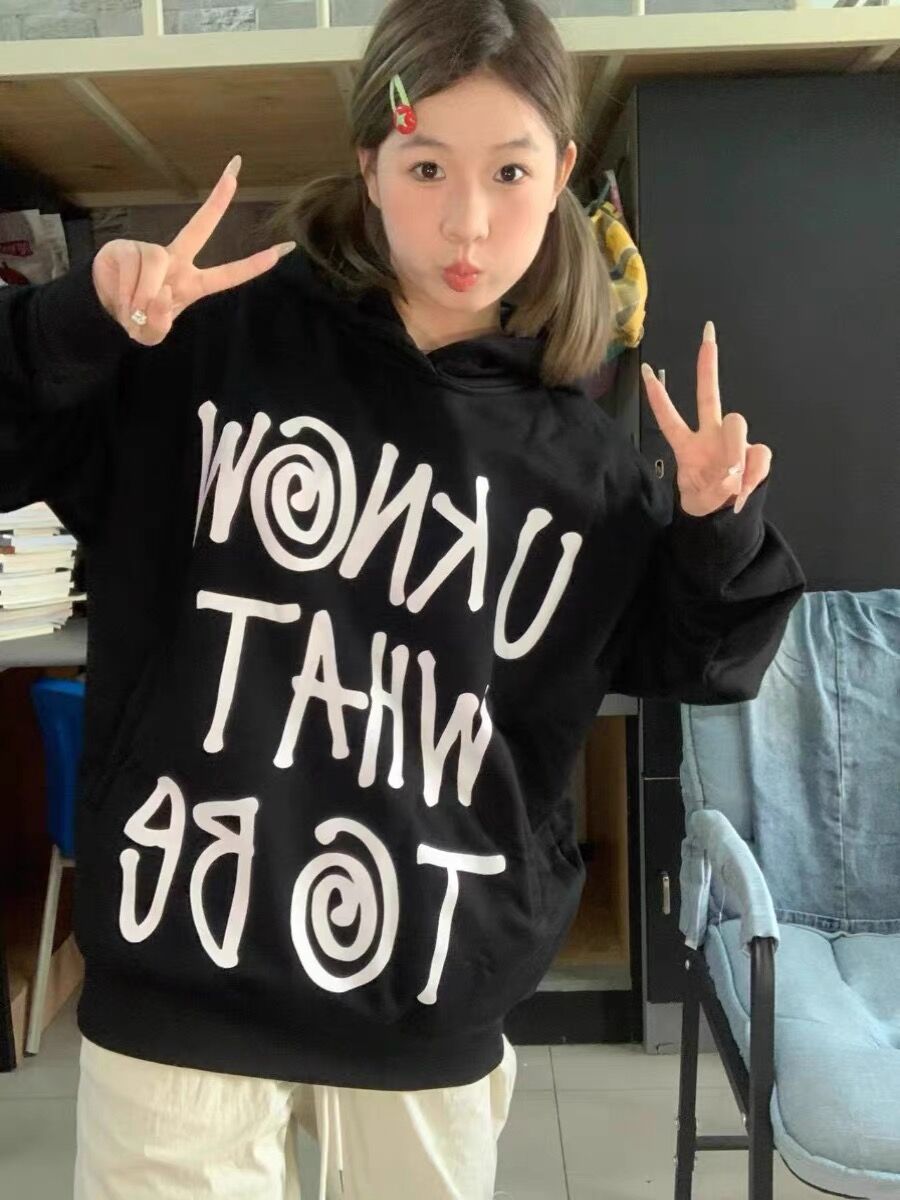 美式復古hiphop黑色衛衣潮牌女秋冬季天2023年新款長袖上衣潮