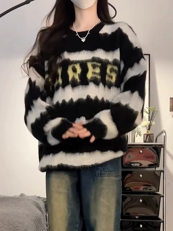 美式復古潮牌字母條紋圓領套頭毛衣女學生寬鬆慵懶風針織衫