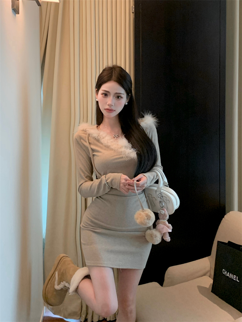 長袖連帽毛毛收腰修身長袖連衣裙包臀裙短裙打底裙內搭裙