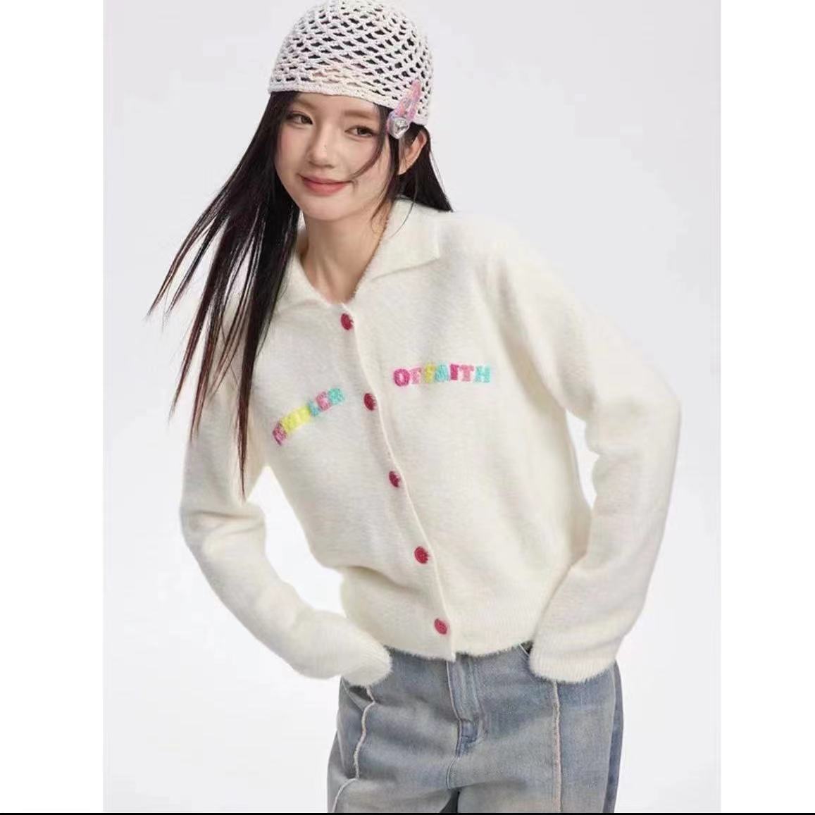 Rainbow Cloud Cardigan Sweet and Soft 2023 Autumn New Half Open Collar Embroidered Knitted Cardigan Jacket