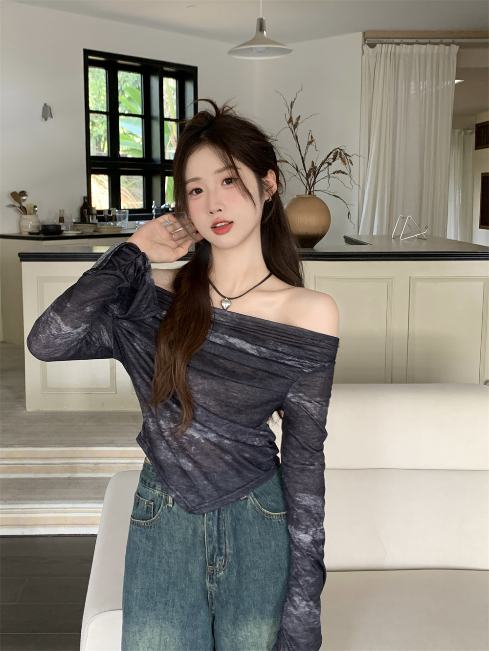 實拍~韓版修身設計感辣妹風小眾露肩性感長袖扎染T恤上衣