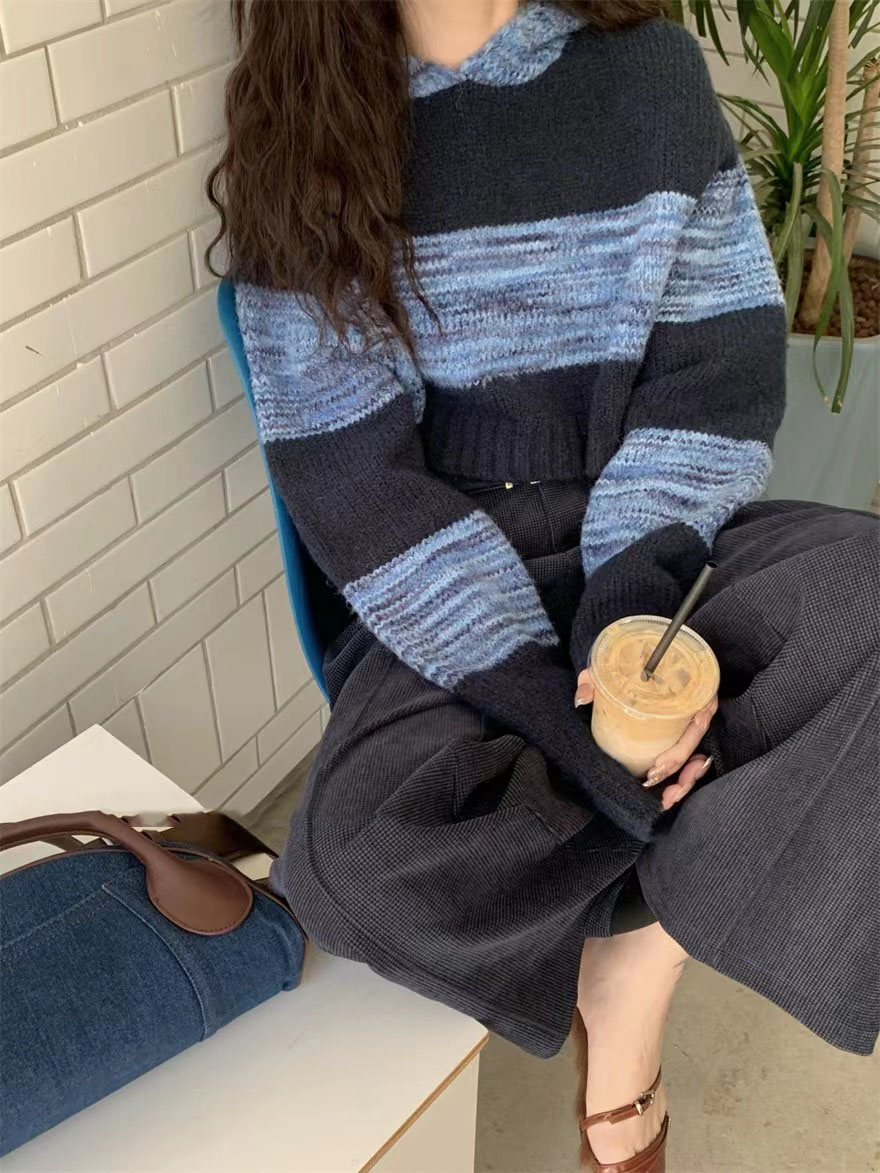 韓系慵懶風條紋連帽毛衣2023新款短款針織衫女寬鬆長袖上衣秋