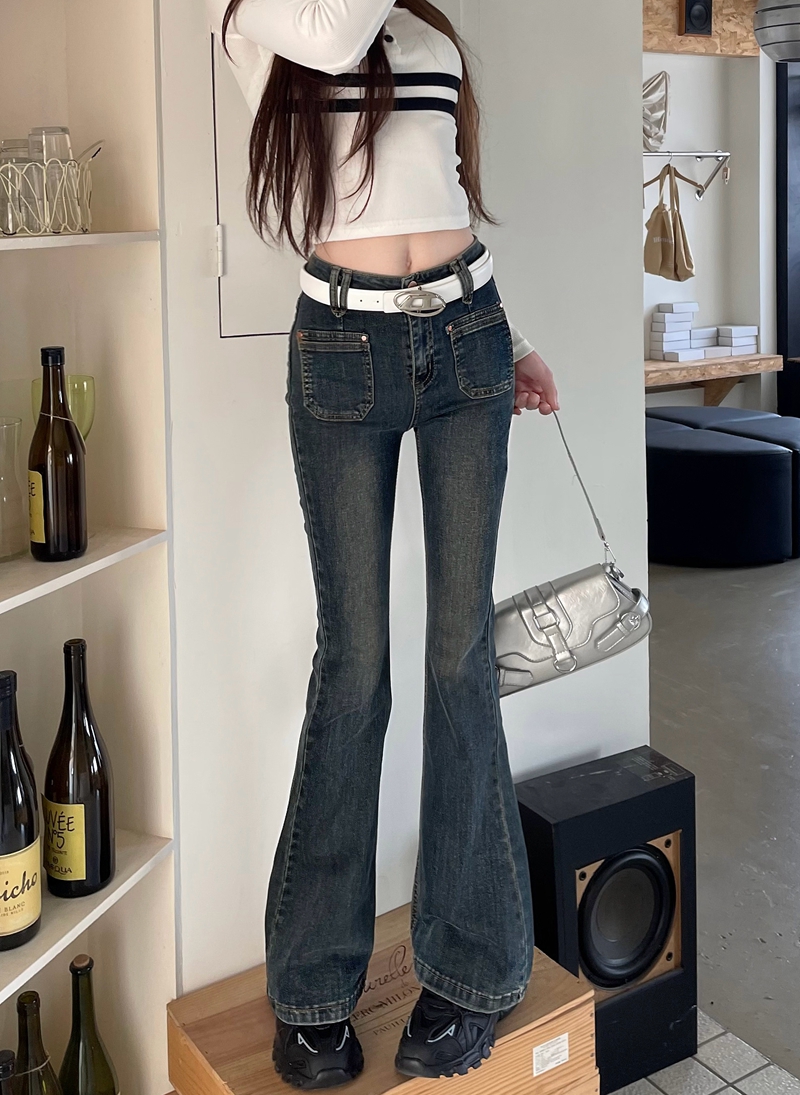 新款微喇彈力牛仔長褲女設計感前貼袋復古水洗拖地褲子