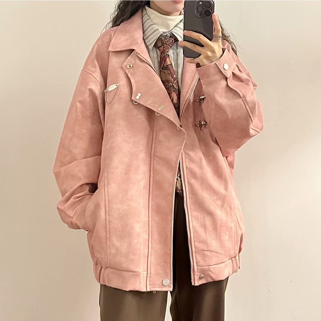 美式復古金屬扣翻領美拉德風衣pu皮衣外套女設計感大衣