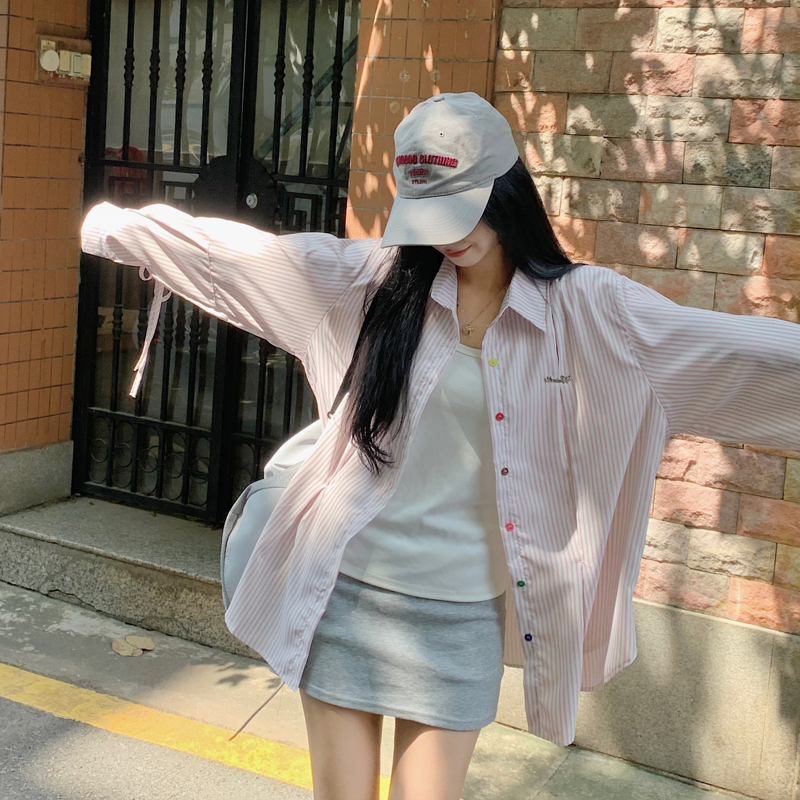 設計感小眾別致系帶彩色紐扣條紋襯衫女2023秋季新款長袖開衫上衣