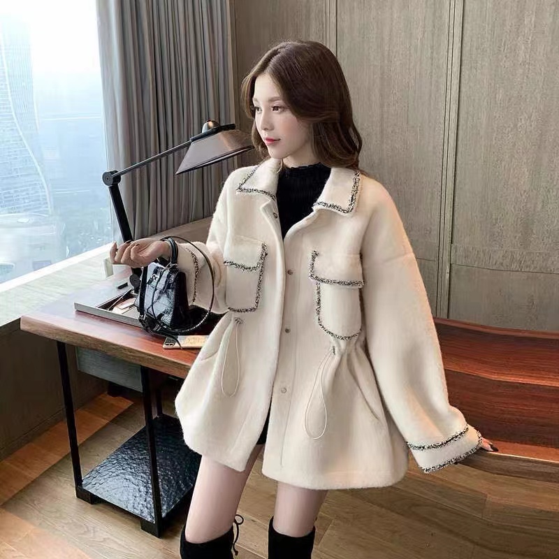 Korean style small people's lapel contrasting woolen autumn and winter new coat women's loose waisted versatile woolen coat