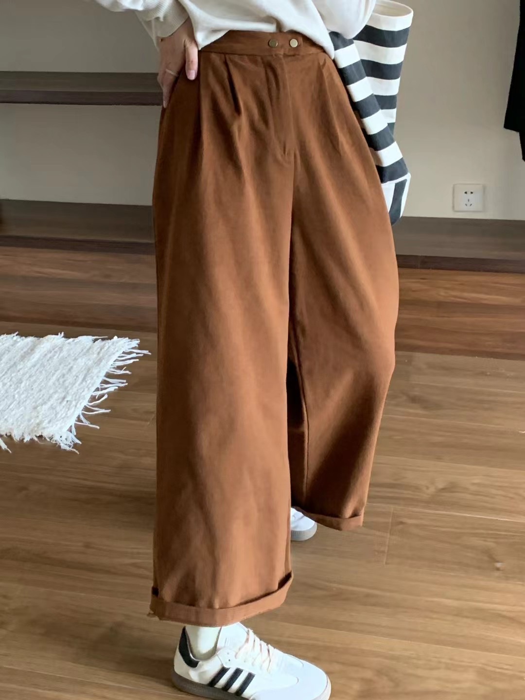 ~New Korean style high-waisted versatile slimming wide-leg straight corduroy hemmed casual pants