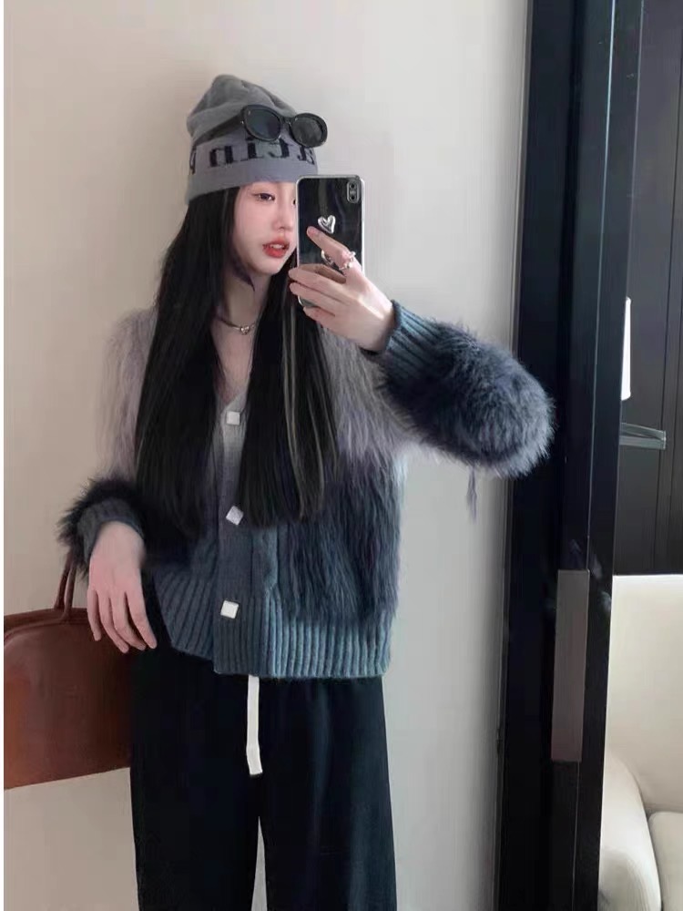 撞色扎染拼接漸變開衫女秋冬韓版溫柔風氣質設計感針織毛衣潮