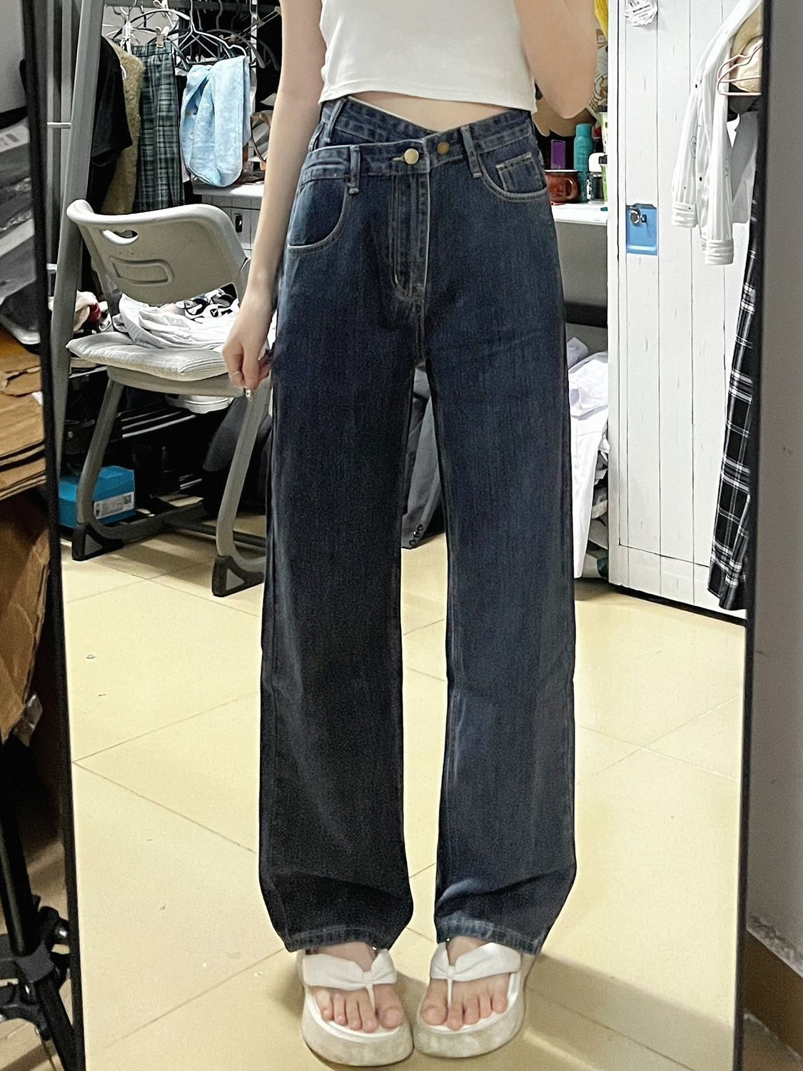 2023春夏新款設計感小眾高腰闊腿牛仔褲女直筒寬鬆垂感顯瘦拖地褲