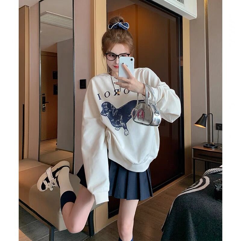 白色印花圓領衛衣女春秋美式復古休閒百搭oversize慵懶風上衣chic