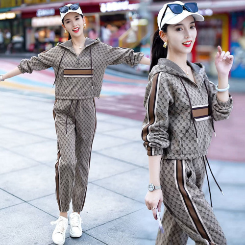 Fashionable Printed Hooded Early Autumn Suit Women's Two-piece Fashion Small Loose Western Style Sportswear