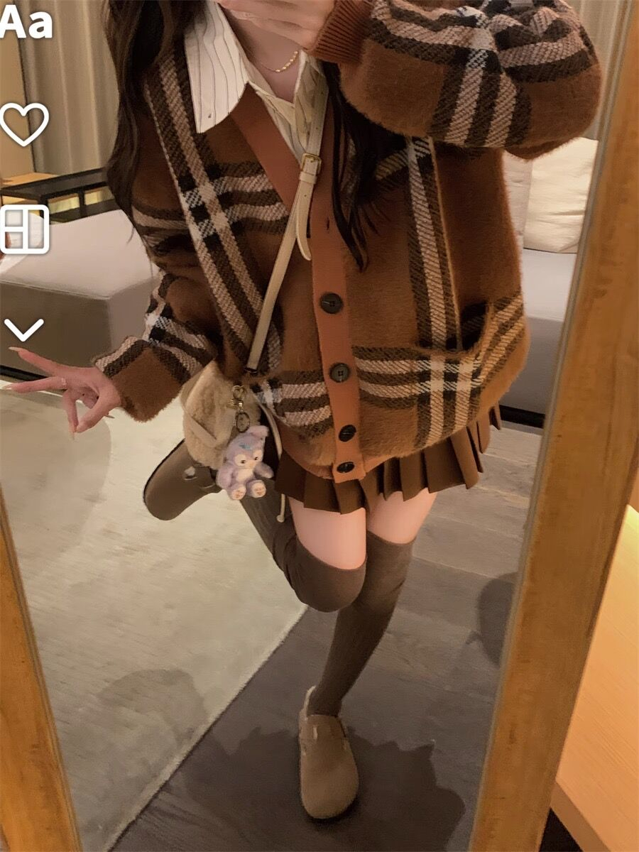仿貂#秋冬季韓系焦糖瑪奇朵復古格子毛衣外套寬鬆慵懶百搭上衣