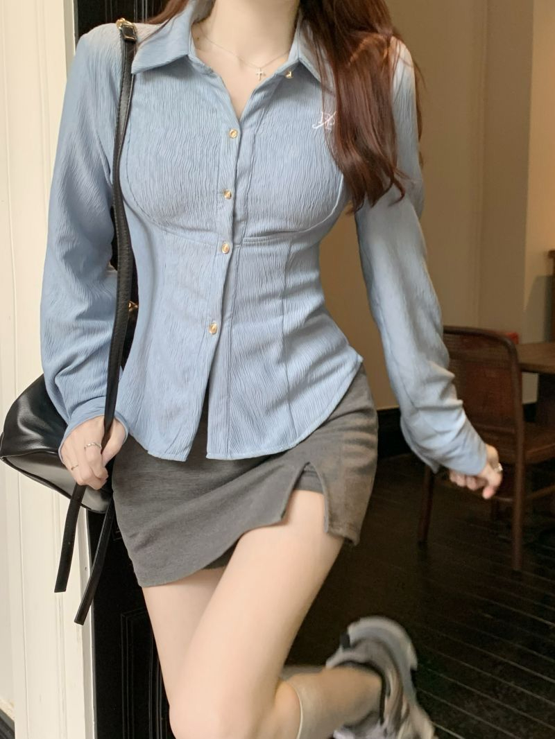 藍色翻領長袖襯衫女秋季2023新款韓版收腰修身顯瘦襯衣小個子上衣