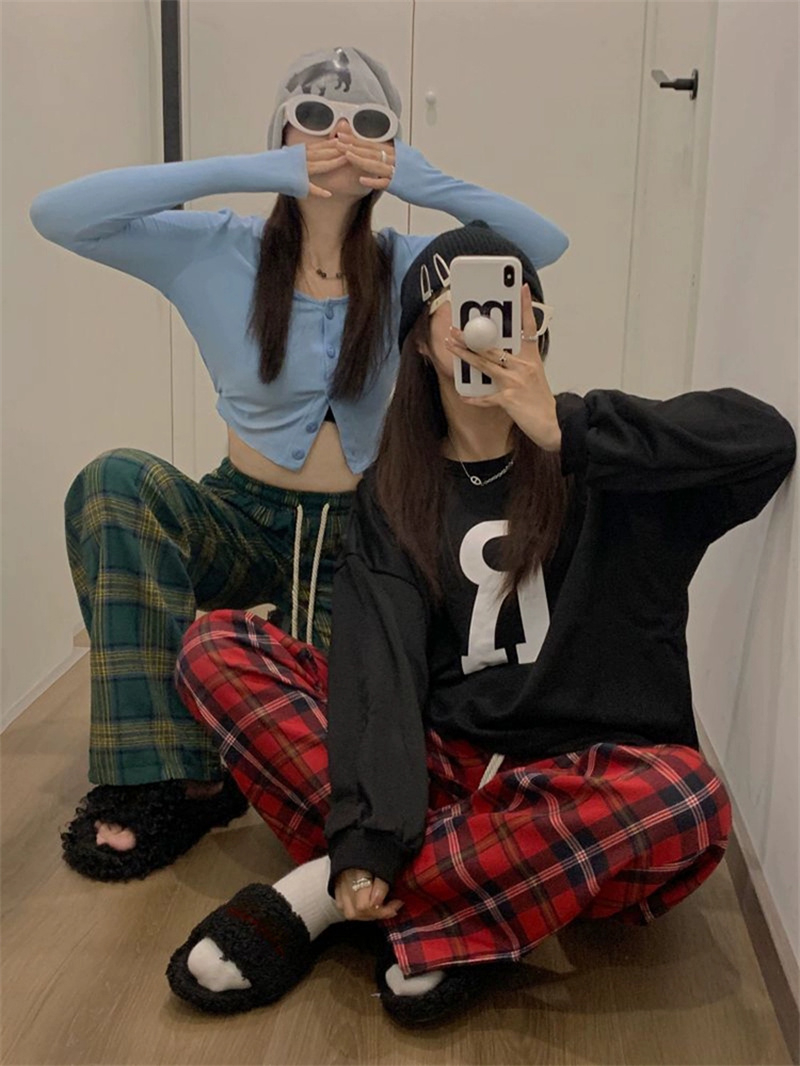 紅色格子褲休閒褲女秋季新款美式運動褲小個子闊腿褲褲子秋裝長褲
