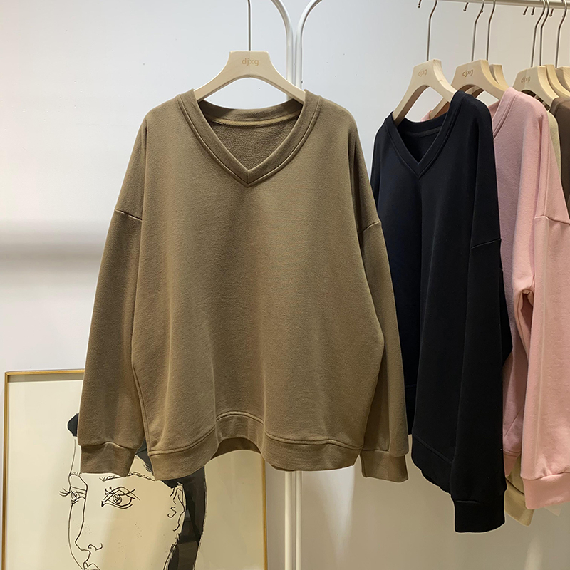 秋季韓版oversize寬鬆慵懶V領套頭長袖衛衣女毛圈棉上衣外套百搭