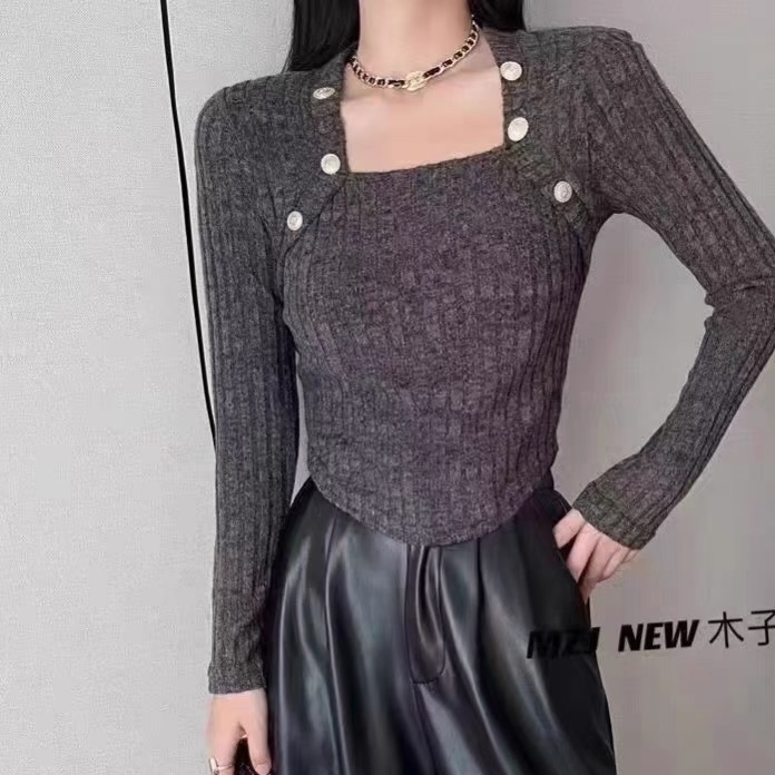 復古法式毛衣女早秋修身打底設計感小眾方領小香風內搭針織衫上衣