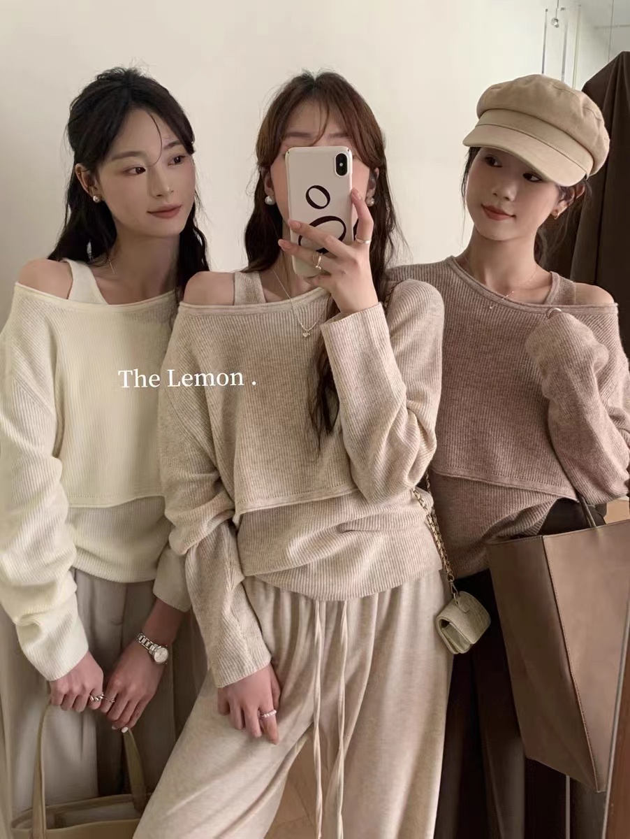 THE LEMON設計感套裝女秋裝新款針織吊帶背心加罩衫針織衫兩件套