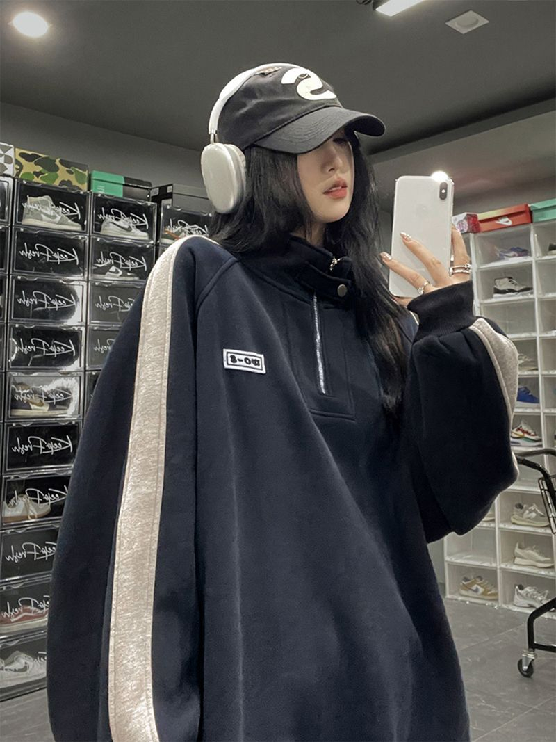 撞色半拉鏈藏青色衛衣女春秋2023新款美式高街vibe套頭外套潮