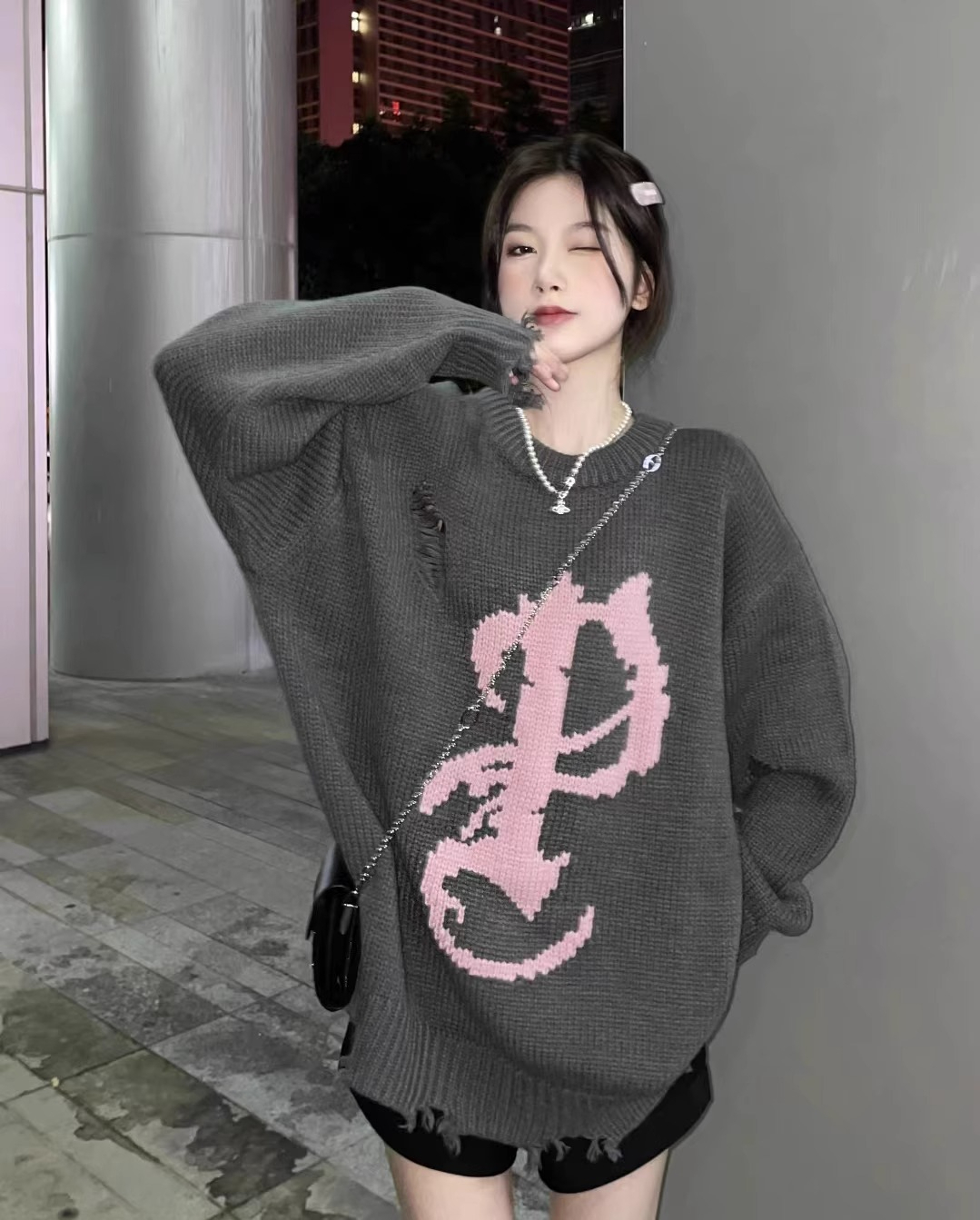 American retro lazy style destroys the niche round neck pullover sweater top