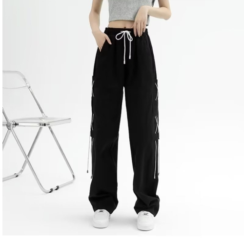oversize裤子女小众设计感vintage美式绑带工装裤直筒户外登山裤