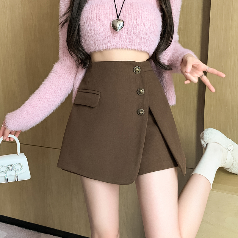 毛呢短褲女2023冬裝新款呢子a字裙褲高腰闊腿靴褲女外穿排扣褲裙