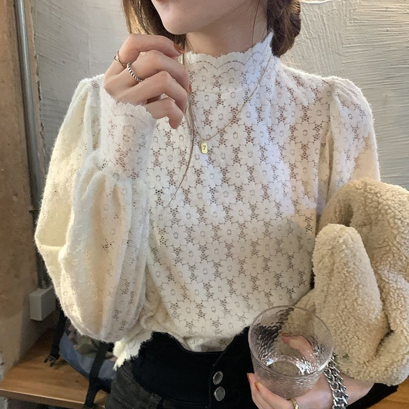氣質鏤空蕾絲打底衫女秋冬季半高領洋氣內搭小衫超仙上衣服