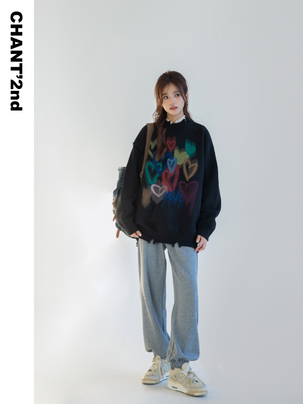 慵懶風毛衣女寬鬆韓系復古軟糯彩色愛心圓領套頭破洞針織衫