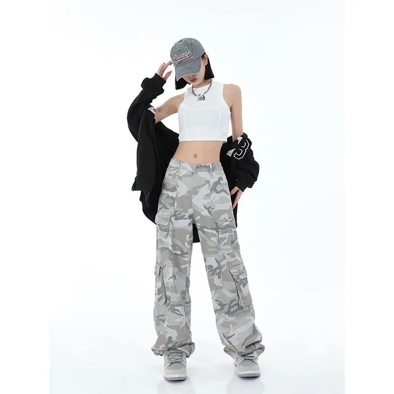 迷彩工裝褲男女新款美式街頭休閒褲hiphop直筒闊腿褲垂感高街長褲