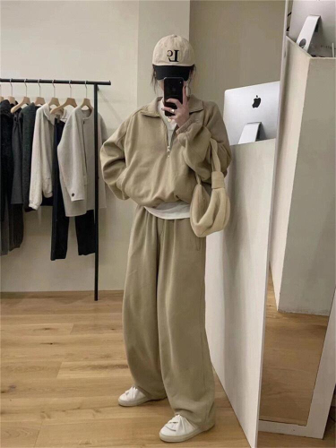 Fashion trendy suit for women in spring and autumn, casual sports, petite temperament, stand-up collar sweatshirt and sweatpants two-piece set