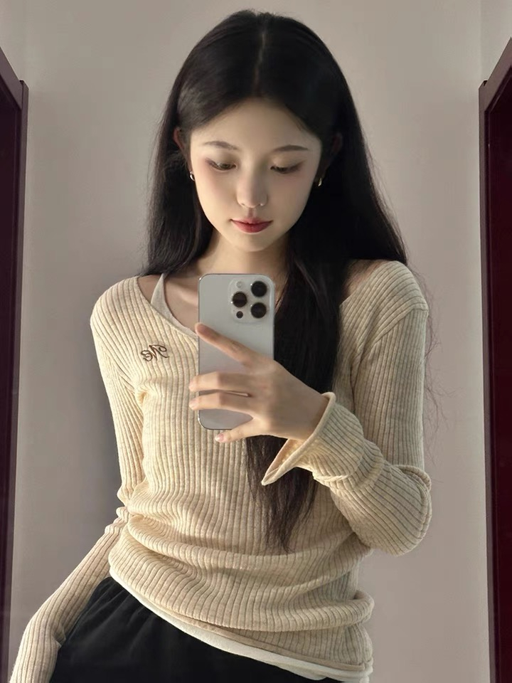 秋季設計感假兩件顯瘦長袖女上衣毛衣復古套頭打底衫外穿