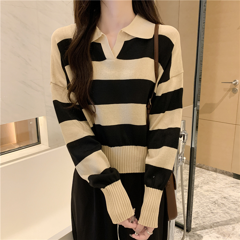 ~Polyester design niche high-end polo neck v-neck striped bottoming sweater for women