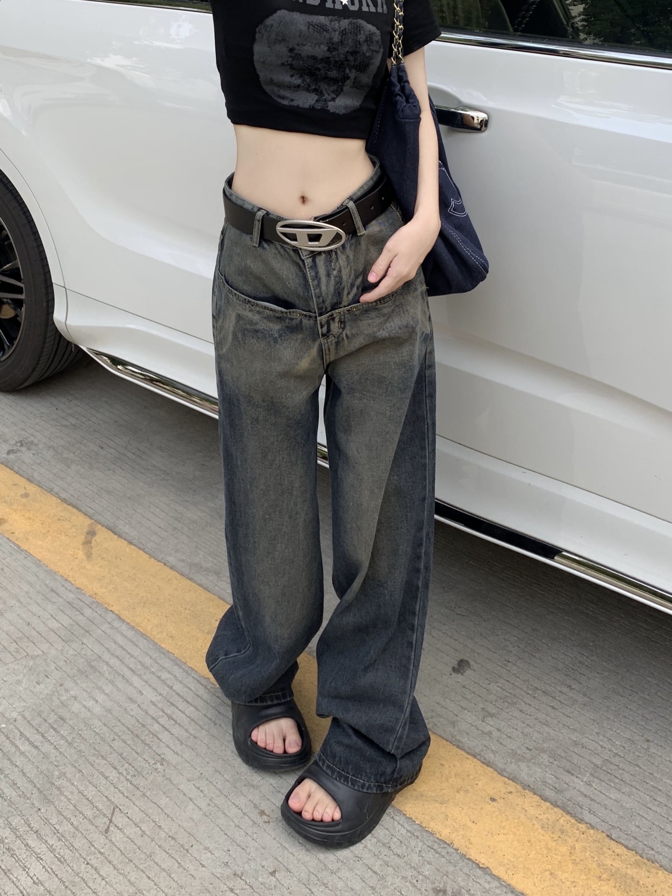 ！復古牛仔褲女磨白做舊設計感長褲高腰直筒闊腿褲無腰帶