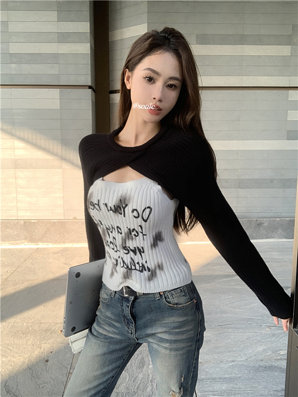 實拍  印花針織小吊帶背心長袖短款坎肩上衣兩件套套裝