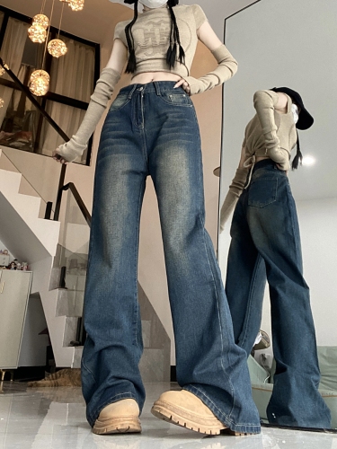 !  American hottie retro jeans for women European and American micro-flare distressed washed straight trousers