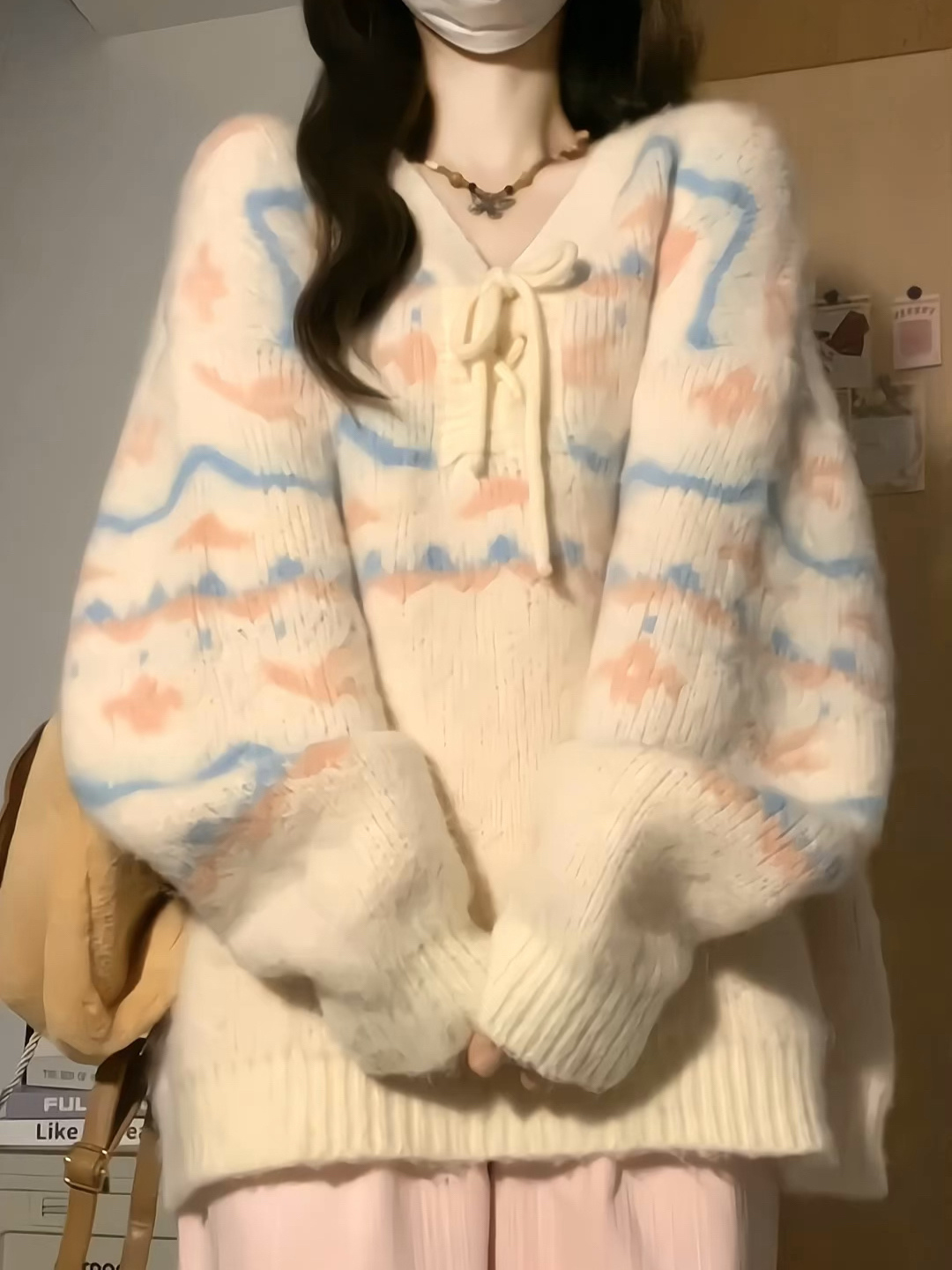 溫柔氣質風復古V領綁帶條紋針織毛衣女學院慵懶開衫長袖外套上衣