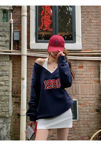 American design V-neck sweatshirt two-piece set for women 2023 autumn new loose Korean style sweatshirt set