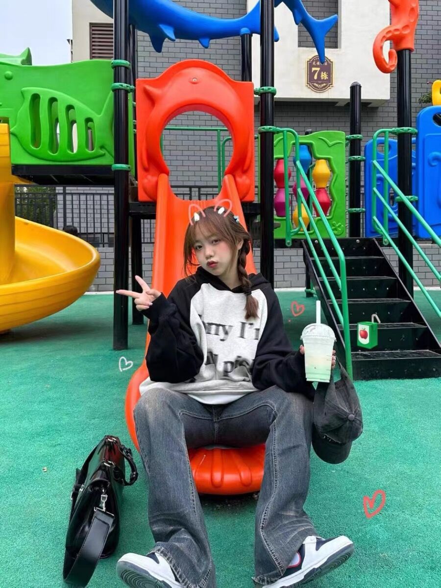 原創美式潮牌黑白拼接純棉連帽衛衣女春秋冬季chic寬鬆加絨情侶裝
