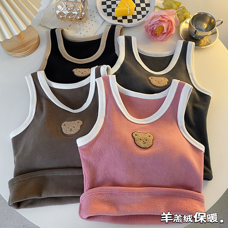 新款加厚內搭背心女小熊帶胸墊吊帶美背保暖打底衫上衣