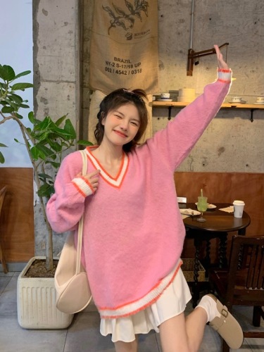 韩系时尚宽松撞色拼接甜美减龄软糯针织毛衣