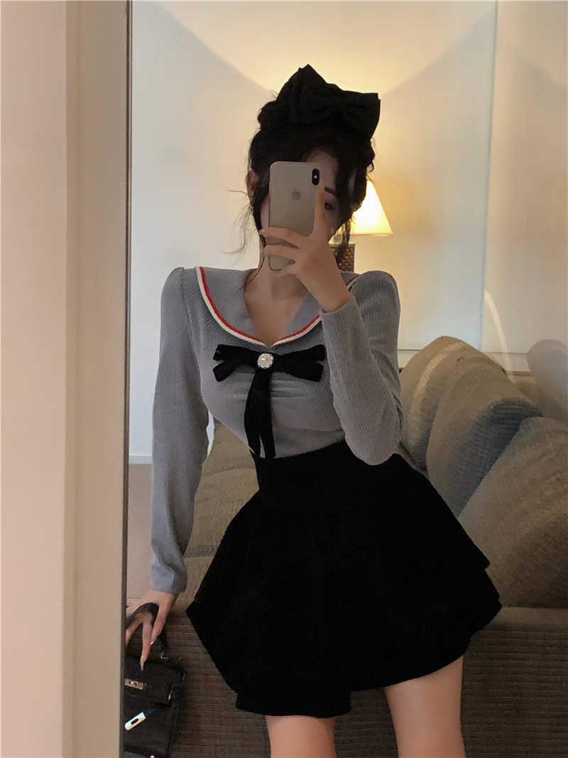 Actual shot of 2023 new sweet fugitive little princess knitted sweater velvet skirt suit brooch