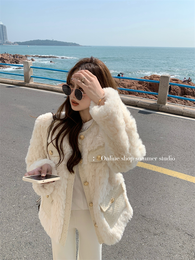 2023新款秋冬季小香風杏色羊羔毛絨外套女