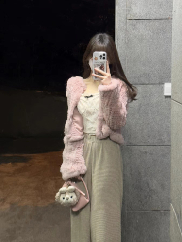 Braided rabbit fur short rex rabbit fur coat winter women's fur pink